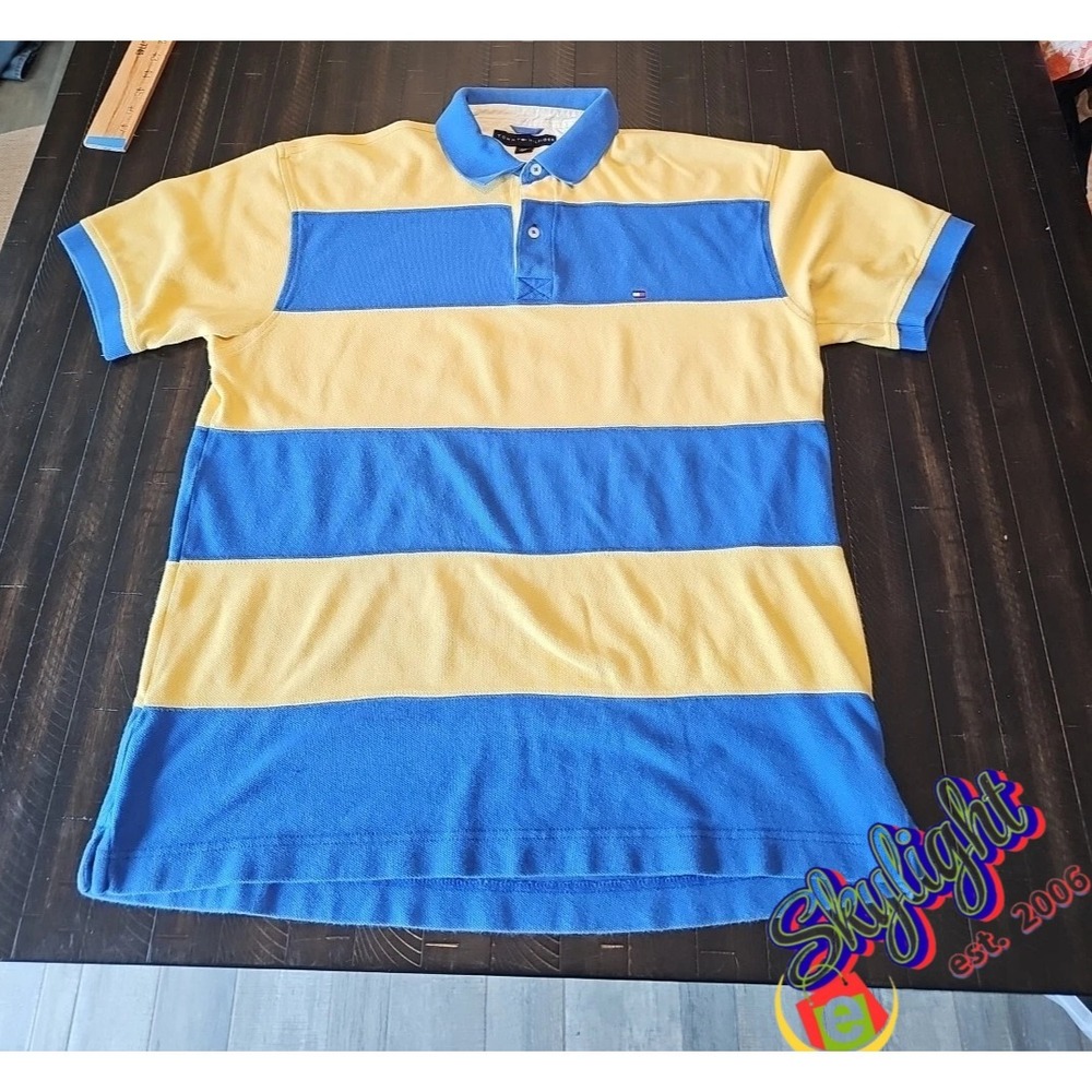 Tommy Hilfiger Men Blue Yellow Wide Stripe Polo Shirt Vintage Preppy Size Reg L